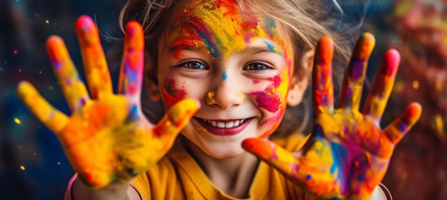 Cute cheerful kid girl showing her hands painted in bright colors