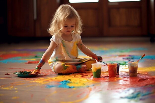 Cute cheerful kid girl showing her hands painted in bright colors