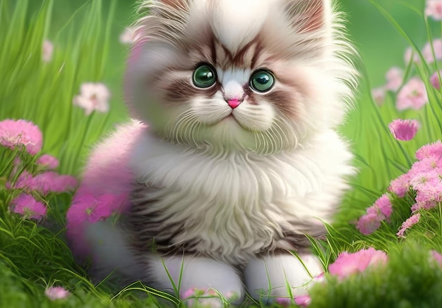 Cute cheerful kitten sits on a green lawn in flowers