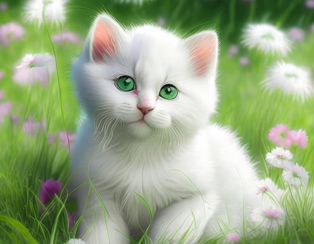 귀여운 쾌활한 새끼 고양이는 꽃의 녹색 잔디밭에 앉아