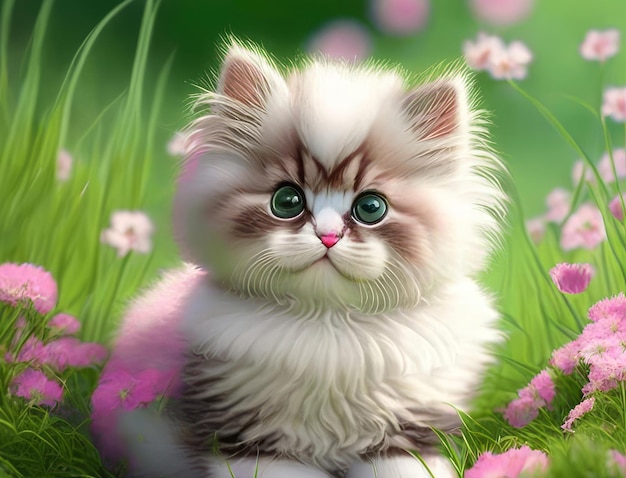 Cute cheerful kitten sits on a green lawn in flowers