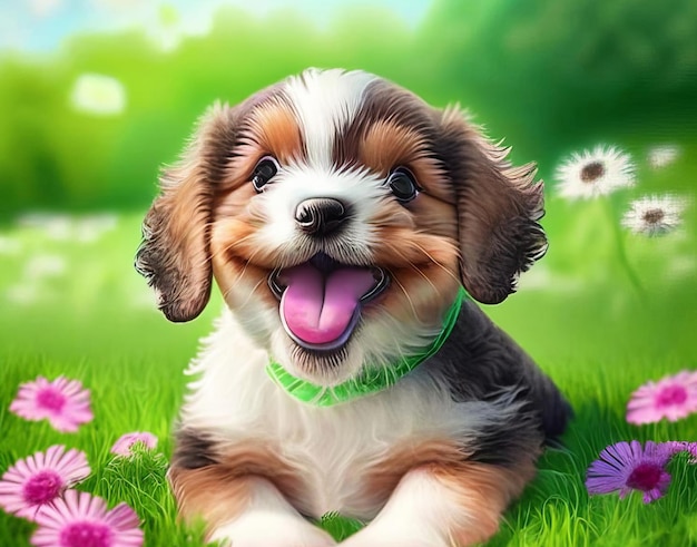 A cute cheerful puppy that looks like a toy sits on a green lawn illustration generative artificial intelligence dog illustration