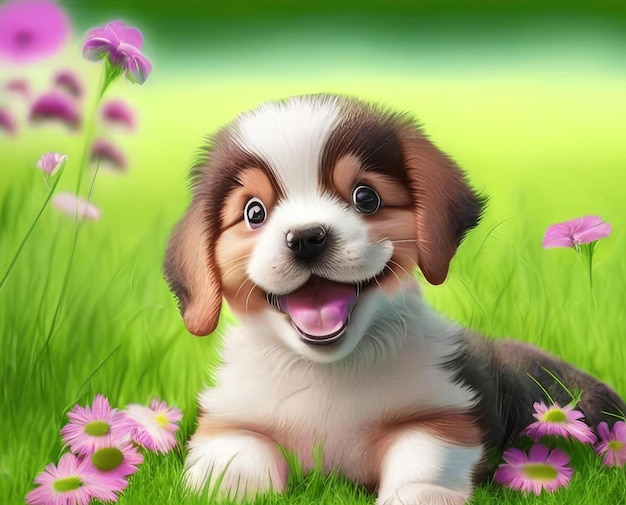 A cute cheerful puppy that looks like a toy sits on a green lawn illustration generative artificial intelligence dog illustration