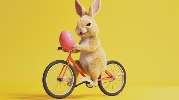 A cute cheerful rabbit holds an egg and rides a bicycle AI Generative