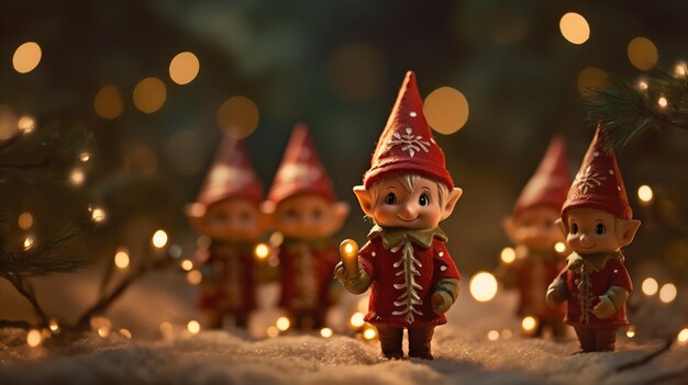 Photo cute cheerful santas helper elf under beautiful christmas lighting generative ai