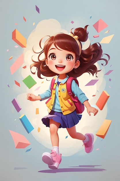 Cute cheerful student girl jumping cartoon character kid children school education hand draw art illustration