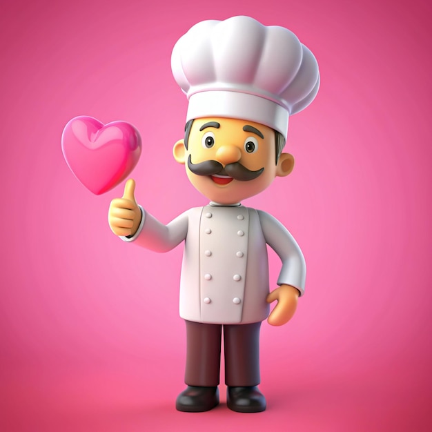 Foto cucino chef panettiere o barista che mostra il pollice in alto mini cuore bolle discorso su sfondo rosa rendering 3d