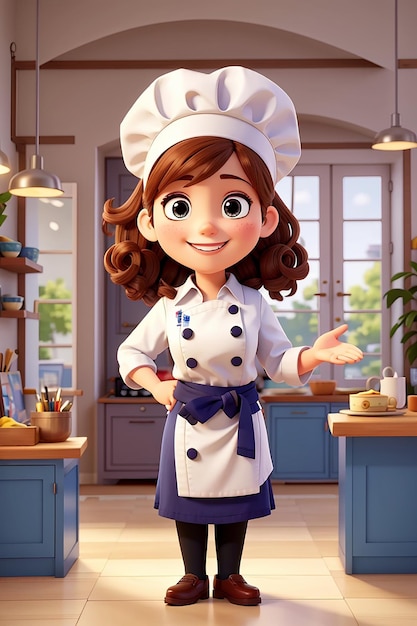 Симпатичная девушка-повар улыбается в униформе, приветствуя и приглашая своих гостей в мультяшном стиле.