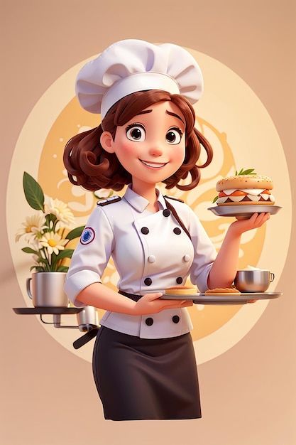 Photo cute chef girl in uniform character smiling and holding a plate food restaurant logo cartoon art illustration