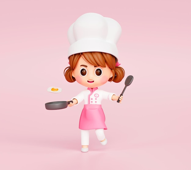 Cute chef girl in uniform fried egg cooking restaurant mascot character logo on pink background 3d illustration cartoon