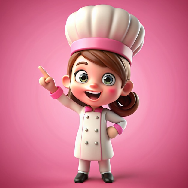 Foto cucina chef ragazza in uniforme punti mani a presentato per copiare spazio ristorante mascotte personaggio logo su sfondo rosa 3d illustrazione cartone animato