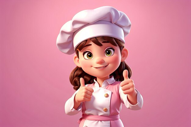 cute chef girl in uniform showing thumbs up sign restaurant mascot character logo on pink background 3d illustration cartoon