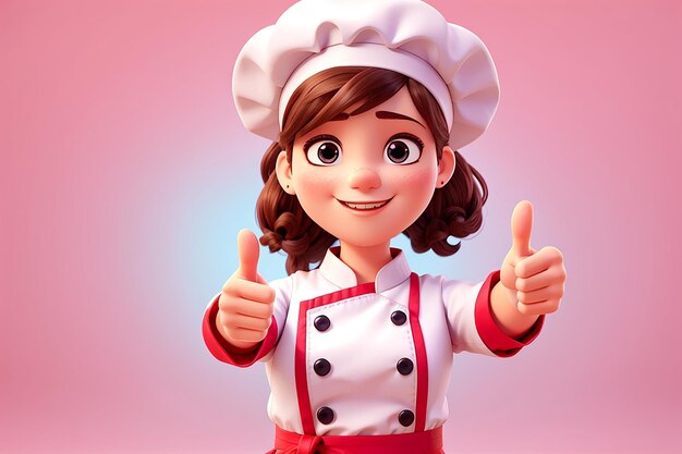 cute chef girl in uniform showing thumbs up sign restaurant mascot character logo on pink background 3d illustration cartoon