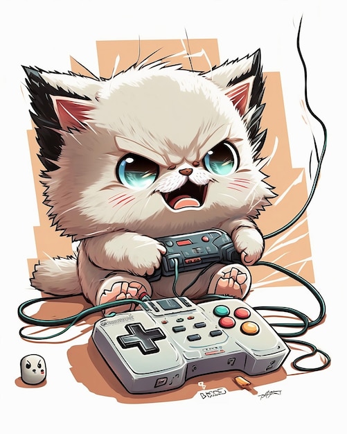 Cute chibi angry domestic baby cat plays video games