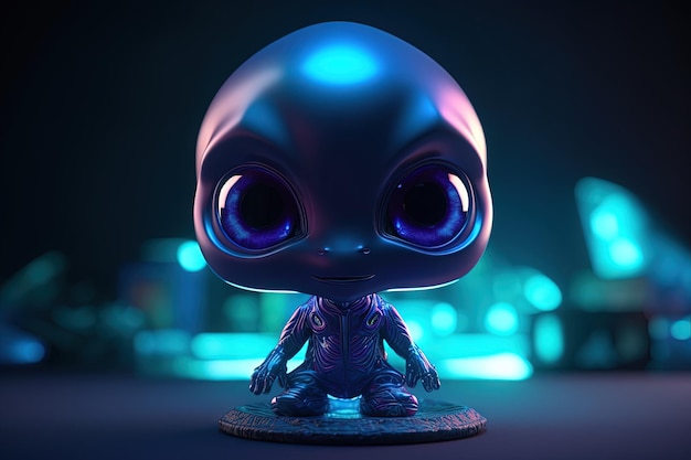 Cute chibi art in nft style 3d rendering of a little alien in front of stage lights