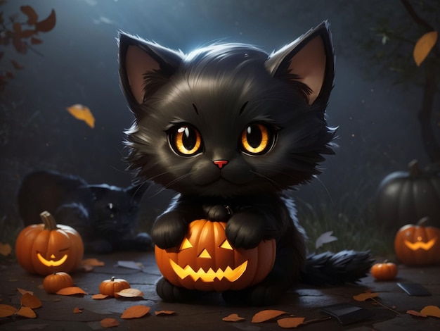 Photo cute chibi black cat on halloween