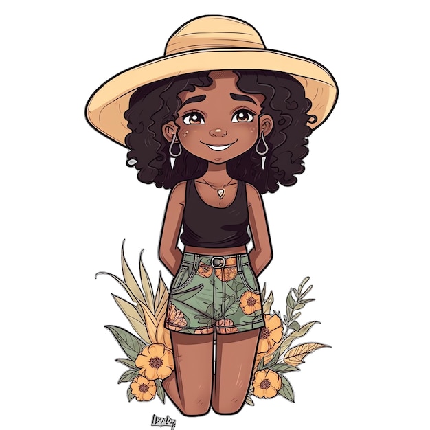 Photo cute chibi black girl wearing a floral dress style illustration