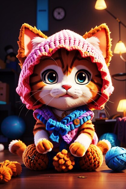 Cute chibi cat highlighted crochet 3d rendering vibrant cinematic conceptual art