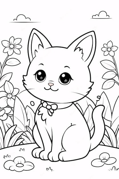 Photo cute chibi cat line art little kitten hand drawn kawaii kids coloring book illustration