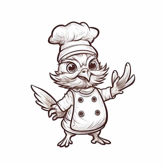 Photo cute chibi chicken chef illustration on a white backgroundwaving wing