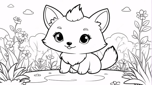 Photo cute chibi fox line art hand drawn kawaii kids coloring book illustration