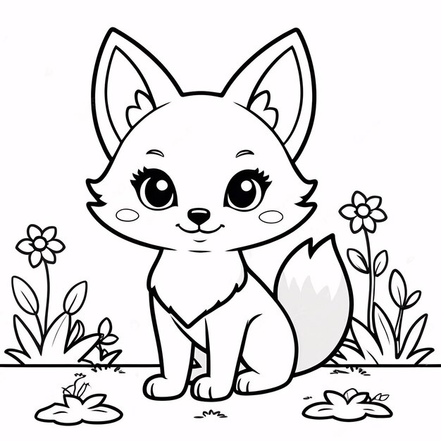 Cute Chibi Fox Line Art Hand Drawn Kawaii Kids Coloring Book Illustration