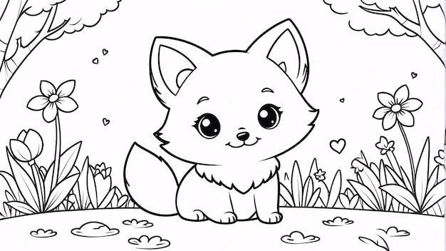 Cute Chibi Fox Line Art Hand Drawn Kawaii Kids Coloring Book Illustration