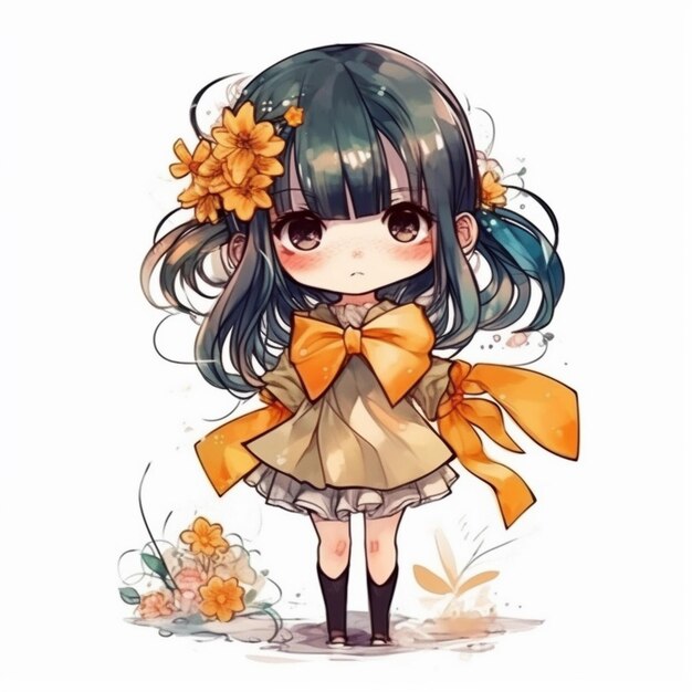 Cute Girl Anime Kawaii Watercolor Ilustration AI Generated Stock