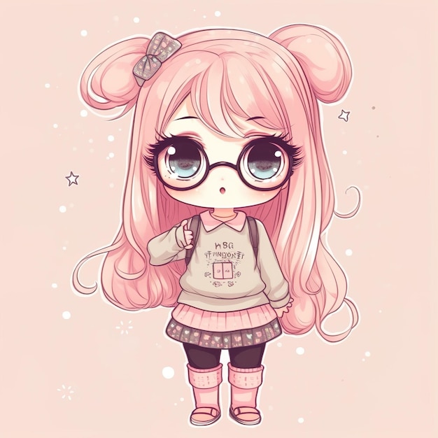 Cute chibi girl with glasses with pink long hair on a pink background in anime style generated ai