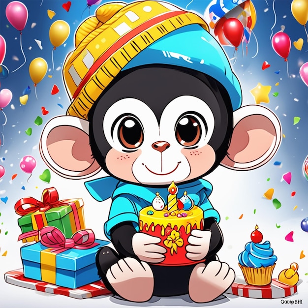 Cute Chibi Monkey Birthday Birthday Hat Gift Box Acrylic Painting Trending On Pixiv Fanbox Pale