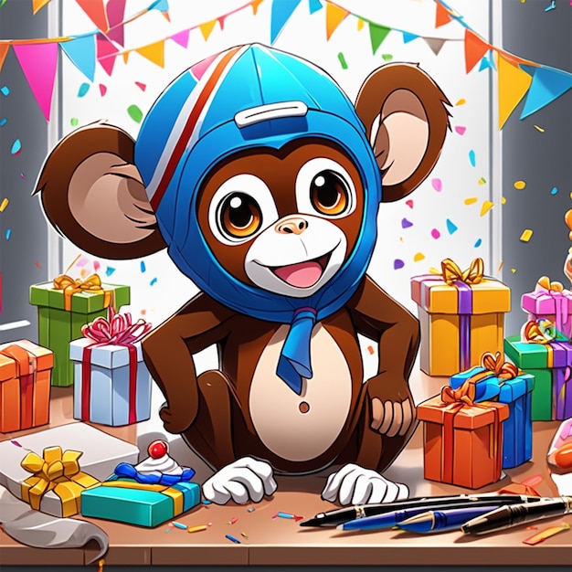 Cute Chibi Monkey Birthday Birthday Hat Gift Box Acrylic Painting Trending On Pixiv Fanbox Pale