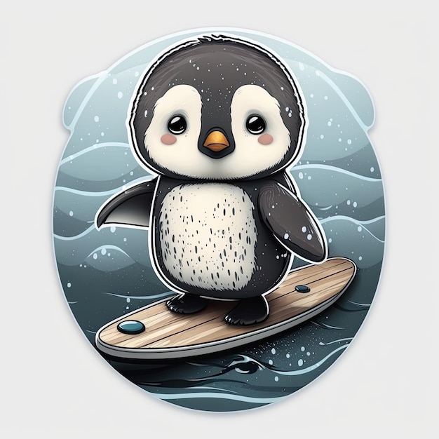 Cute chibi pinguin on sup board cartoon chibi style AI generative