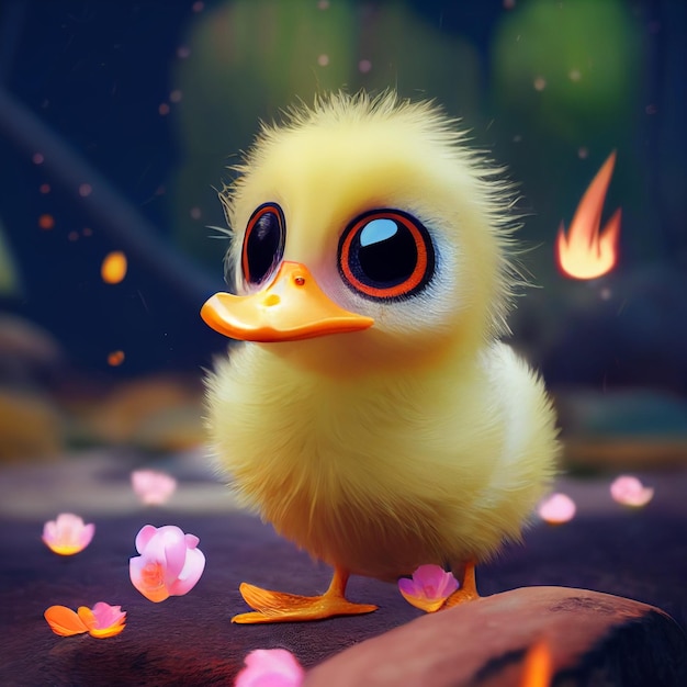 Cute chibi yellow duckling 3d rendering character