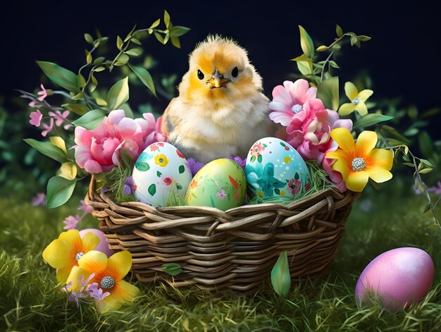 귀여운 병아리 부활절 달걀과 바구니 행복 한 부활절 날의 개념
