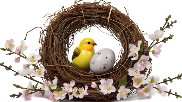 Cute chick easter eggs and bird nest Concept of happy easter day