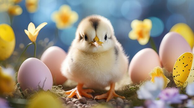 a cute chick hatching out of a speckled egg