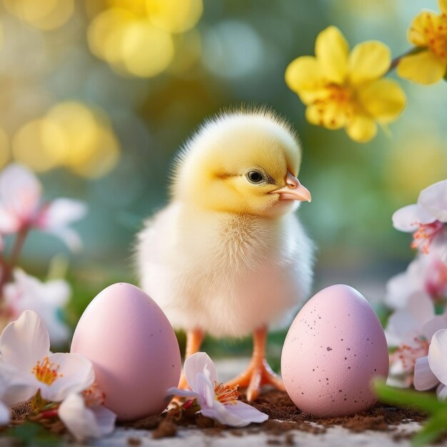 a cute chick hatching out of a speckled egg