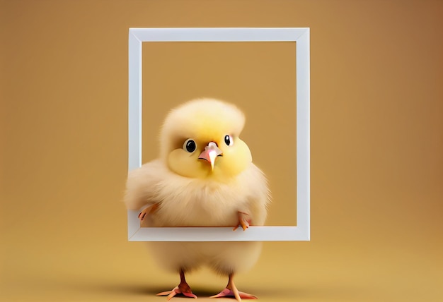 Photo cute chick holding a blank frame with copy space on a gradient background ai generated