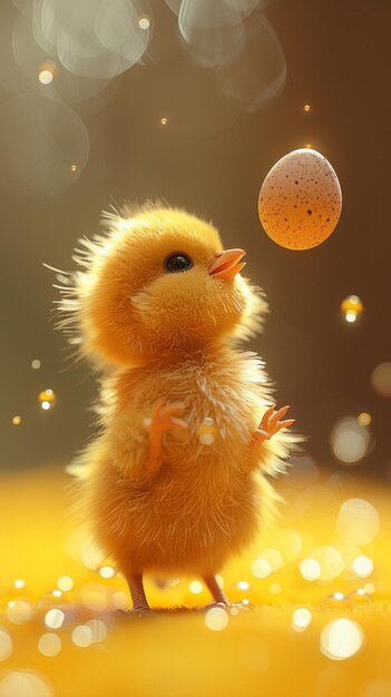 Photo cute chick playing catch with a frisbee shaped background