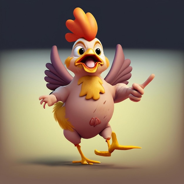 A cute chick running and pointing with her hands And next to it are eggs