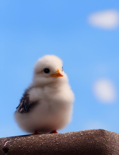 A cute chick with a blue sky in the background