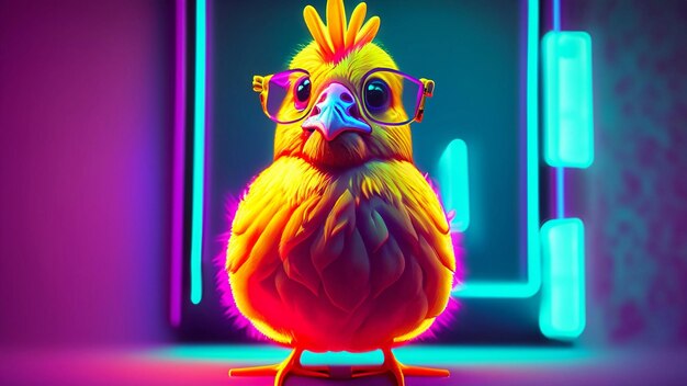 Photo cute chicken animal in neon style