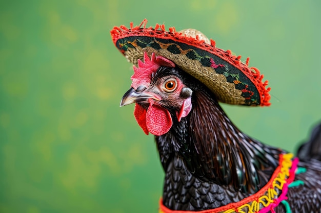 Foto a cute chicken cockrel dressed in mexican sombrero hat and clothing studio shot