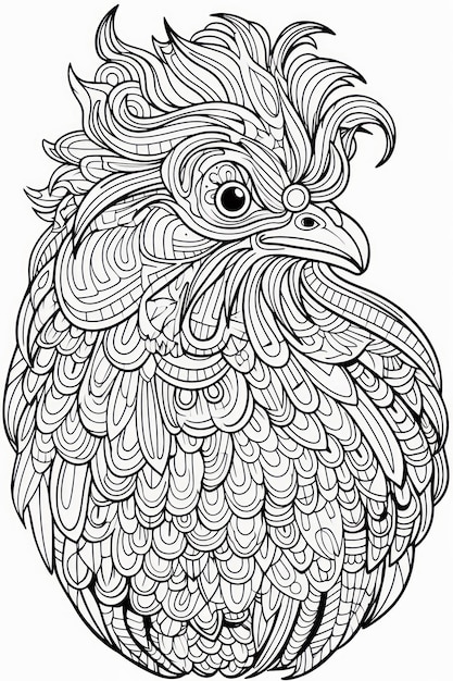 Cute chicken coloring page with mandala element in a line art hand drawn style for kids