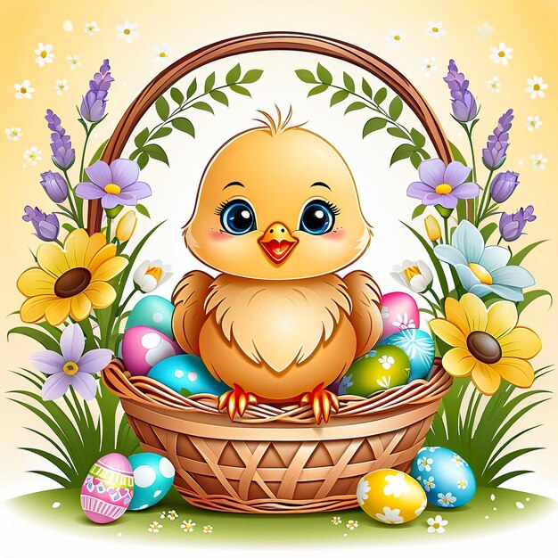 Photo cute chicken and easter basket easter