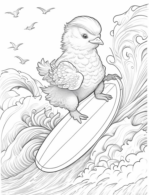A cute chicken surfing on a giant wave for coloring book with crisp lines