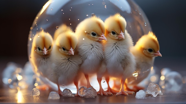 ガラスボールの中のかわいい鶏たち_透明な_b_に分離