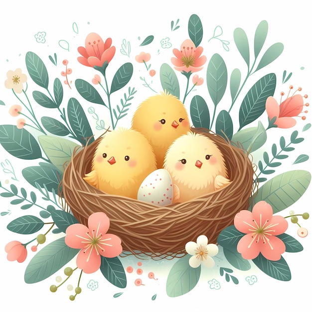 Cute chicks in the nest Spring palette Flat style