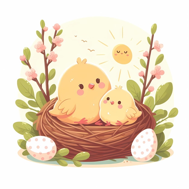 Cute chicks in the nest Spring palette Flat style