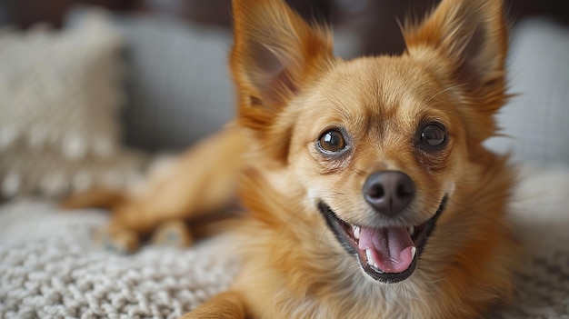 Cute chihuahua dog lying on sofa at home closeup